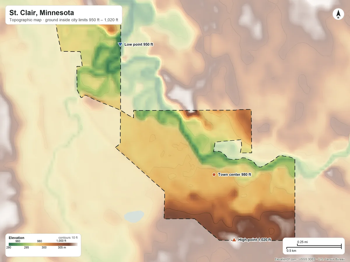Topographic elevation map of St. Clair, Minnesota, shaded from 950 ft on the northwest side to 1,020 ft on the south side