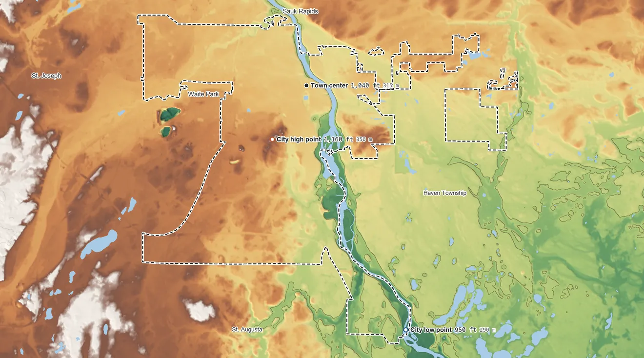 Topographic elevation map of St. Cloud, Minnesota, shaded from 950 ft on the south side to 1,160 ft on the southwest side