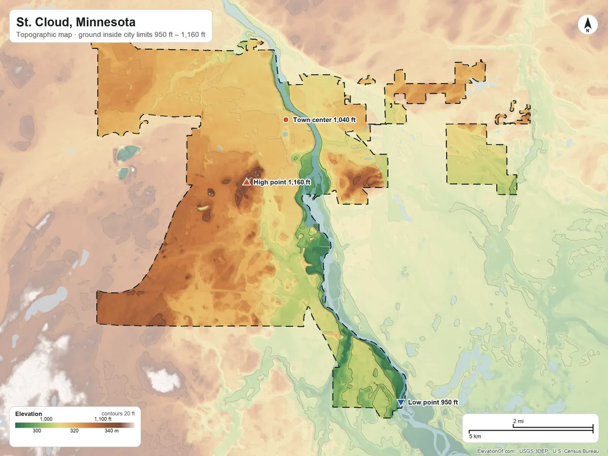 Topographic elevation map of St. Cloud, Minnesota, shaded from 950 ft on the south side to 1,160 ft on the southwest side