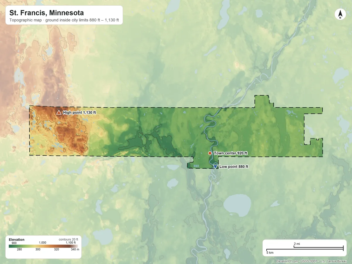 Topographic elevation map of St. Francis, Minnesota, shaded from 880 ft near the middle to 1,130 ft on the west side