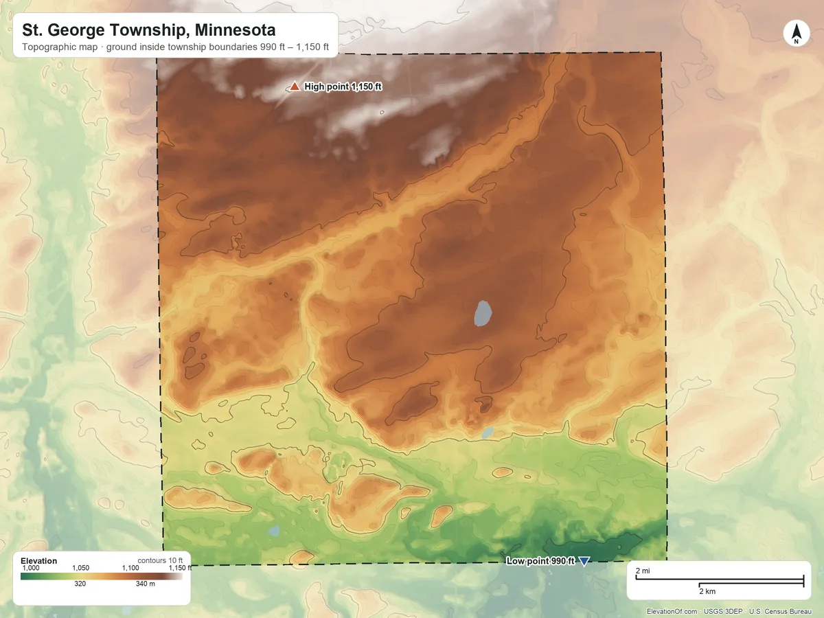 Topographic elevation map of St. George Township, Minnesota, shaded from 990 ft on the southeast side to 1,150 ft on the north side