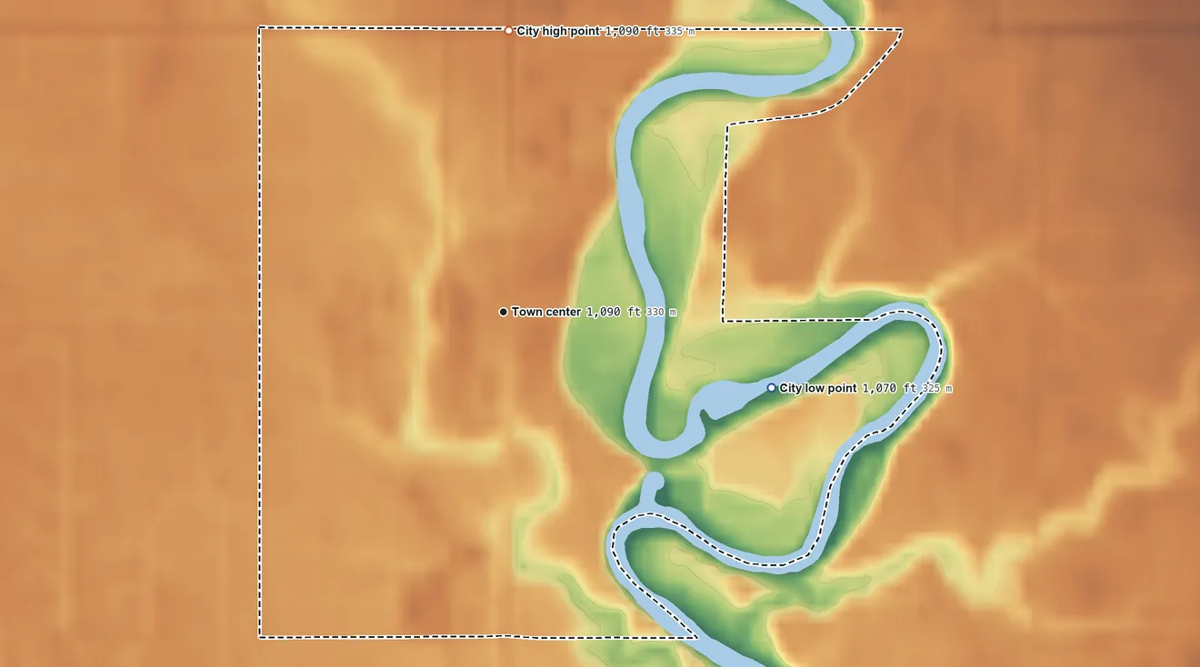 Topographic elevation map of St. Hilaire, Minnesota, shaded from 1,070 ft on the east side to 1,090 ft on the north side