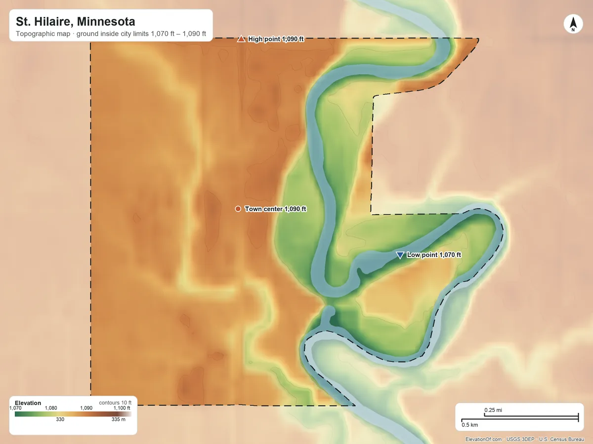 Topographic elevation map of St. Hilaire, Minnesota, shaded from 1,070 ft on the east side to 1,090 ft on the north side
