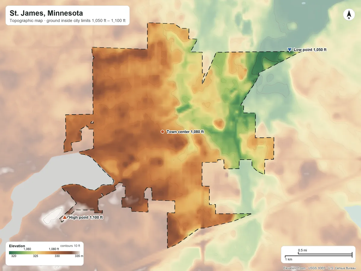 Topographic elevation map of St. James, Minnesota, shaded from 1,050 ft on the northeast side to 1,100 ft on the southwest side