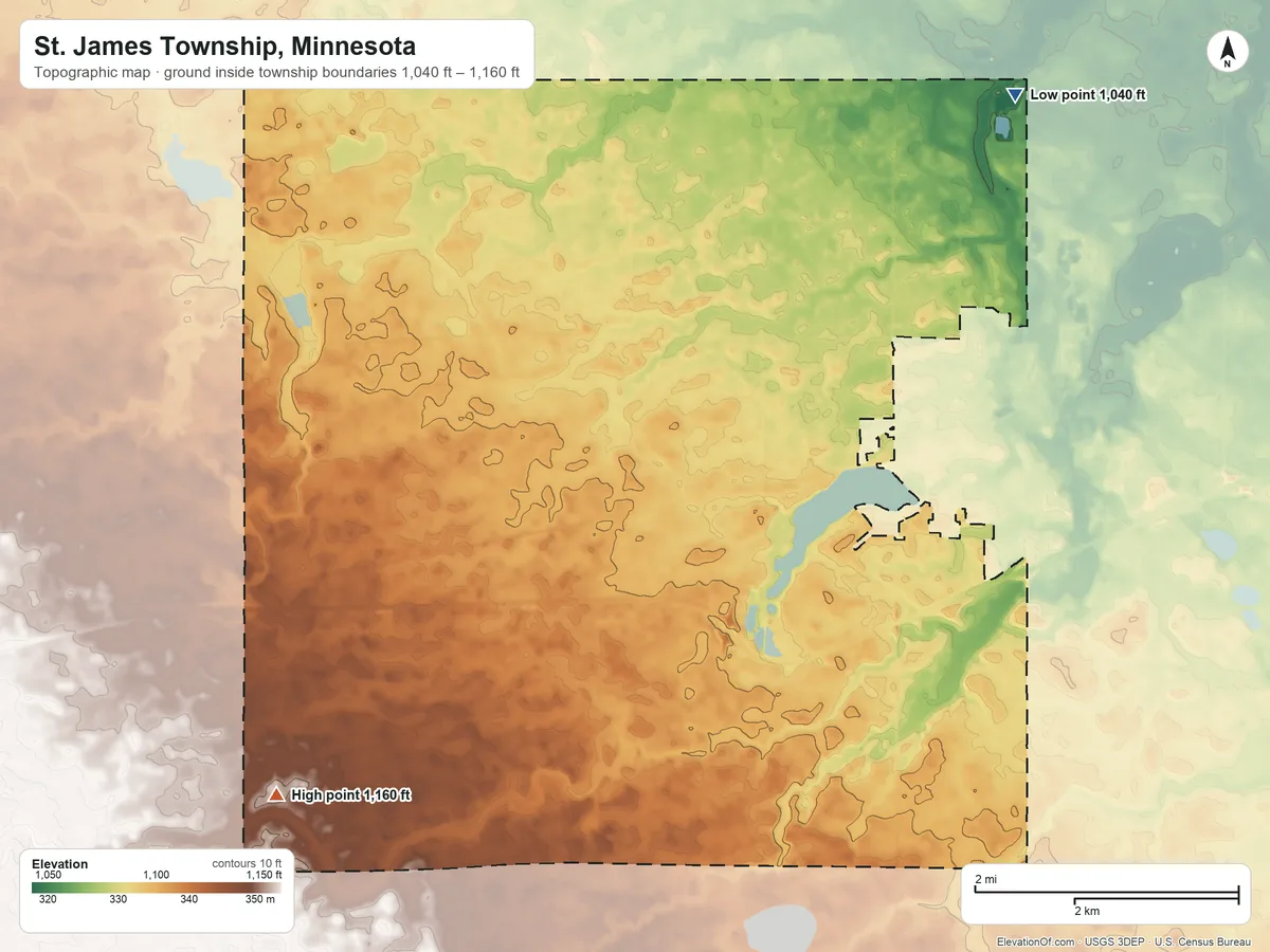 Topographic elevation map of St. James Township, Minnesota, shaded from 1,040 ft on the northeast side to 1,160 ft on the southwest side