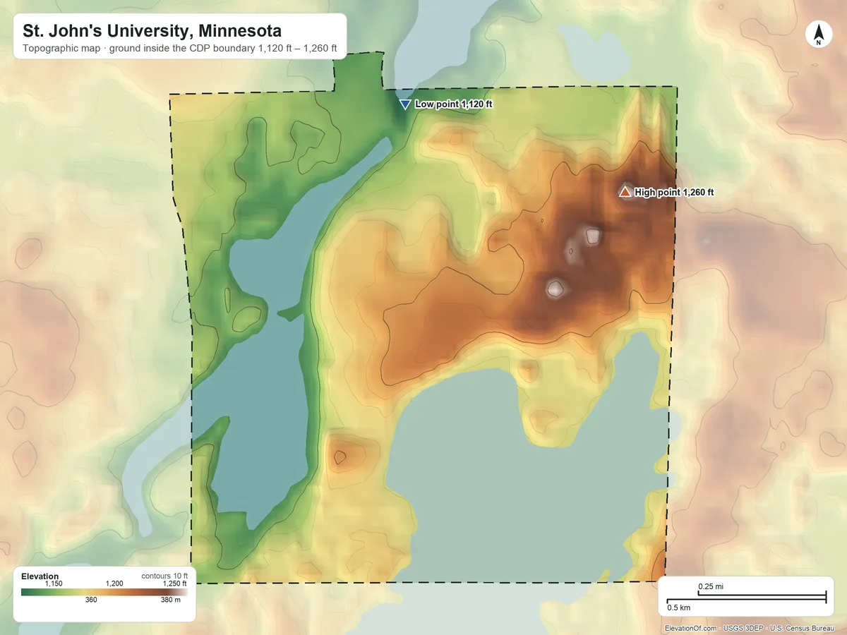 Topographic elevation map of St. John's University, Minnesota, shaded from 1,120 ft on the north side to 1,260 ft on the east side