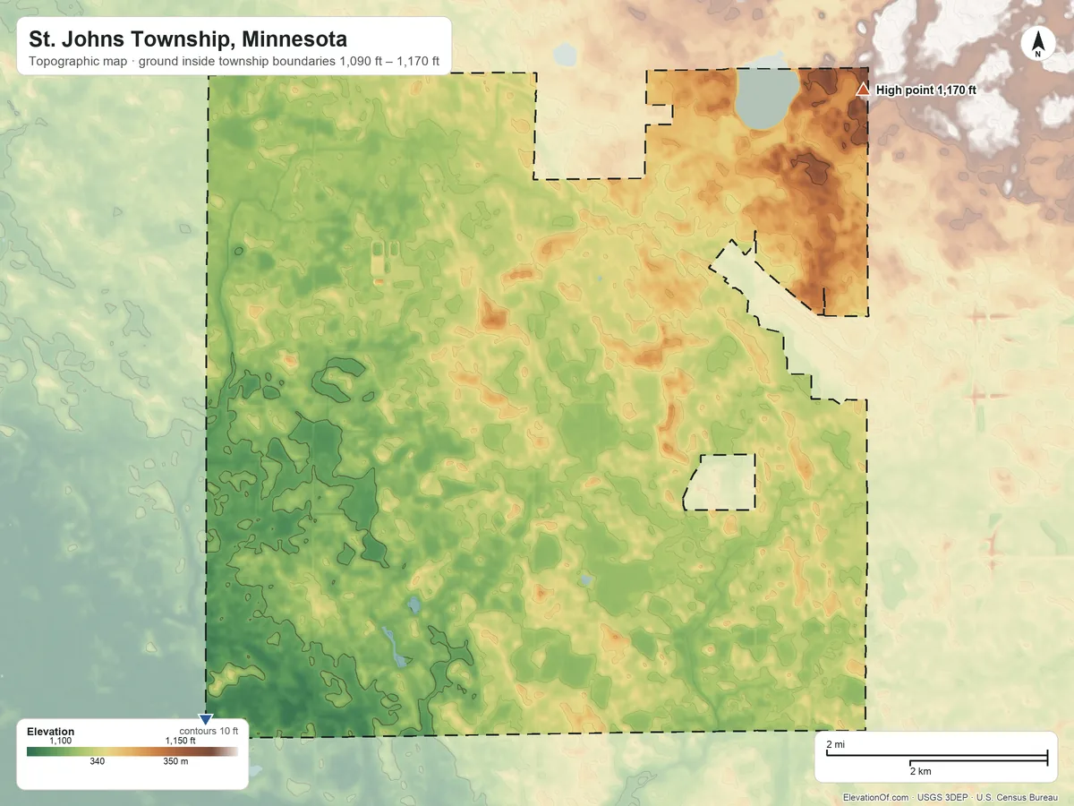 Topographic elevation map of St. Johns Township, Minnesota, shaded from 1,090 ft on the southwest side to 1,170 ft on the northeast side