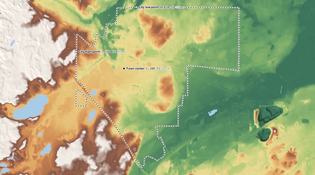 Topographic elevation map of St. Joseph, Minnesota, shaded from 1,050 ft on the north side to 1,160 ft on the west side