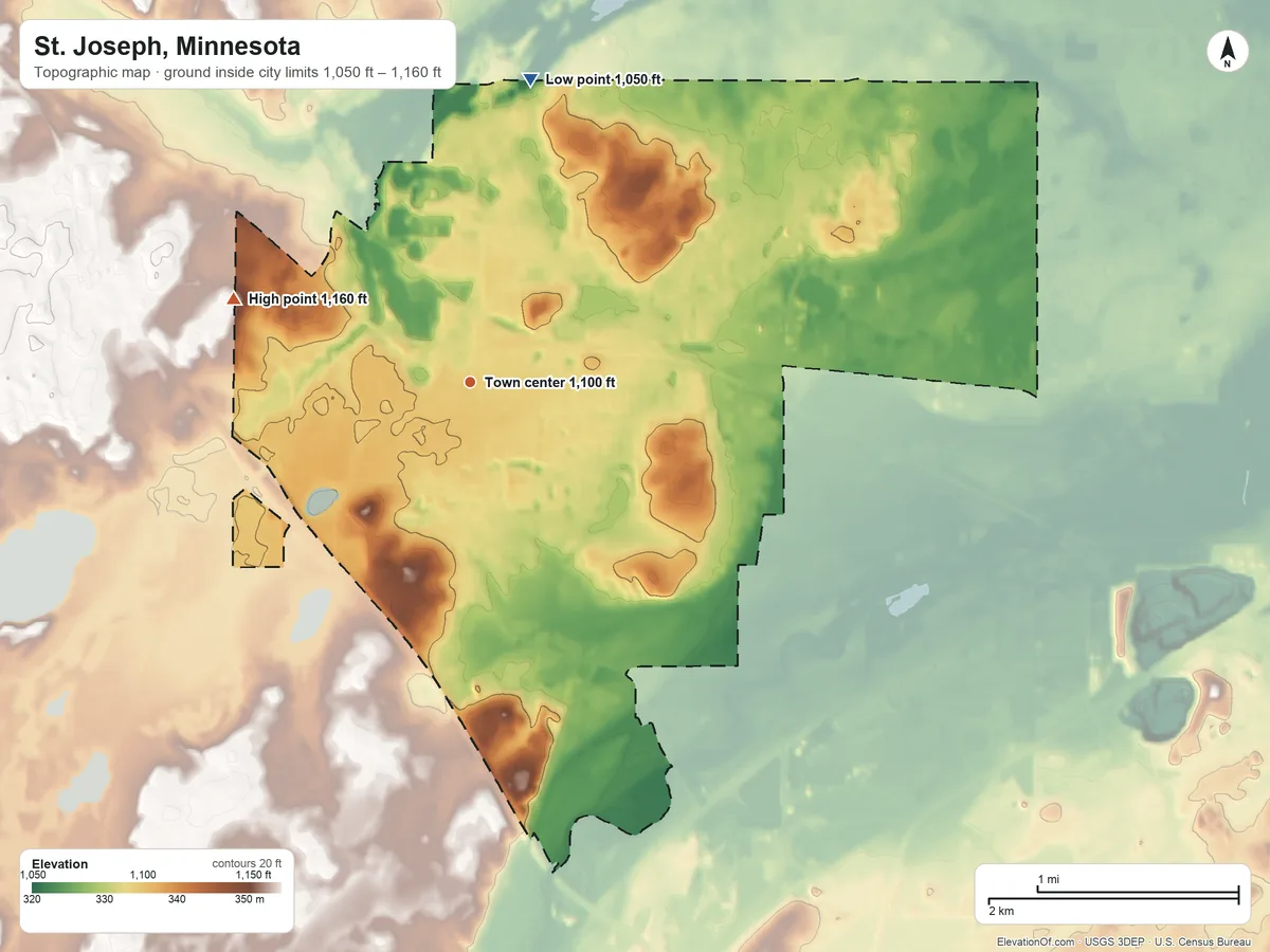 Topographic elevation map of St. Joseph, Minnesota, shaded from 1,050 ft on the north side to 1,160 ft on the west side
