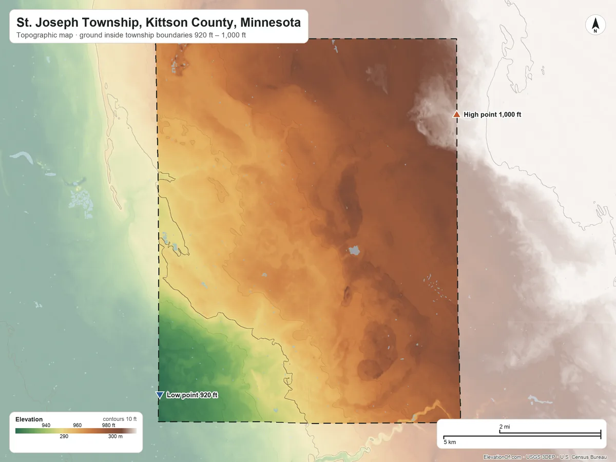 Topographic elevation map of St. Joseph Township, Kittson County, Minnesota, shaded from 920 ft on the southwest side to 1,000 ft on the east side