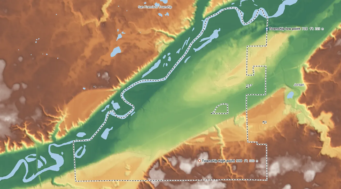 Topographic elevation map of St. Lawrence Township, Minnesota, shaded from 710 ft on the northeast side to 980 ft on the southeast side