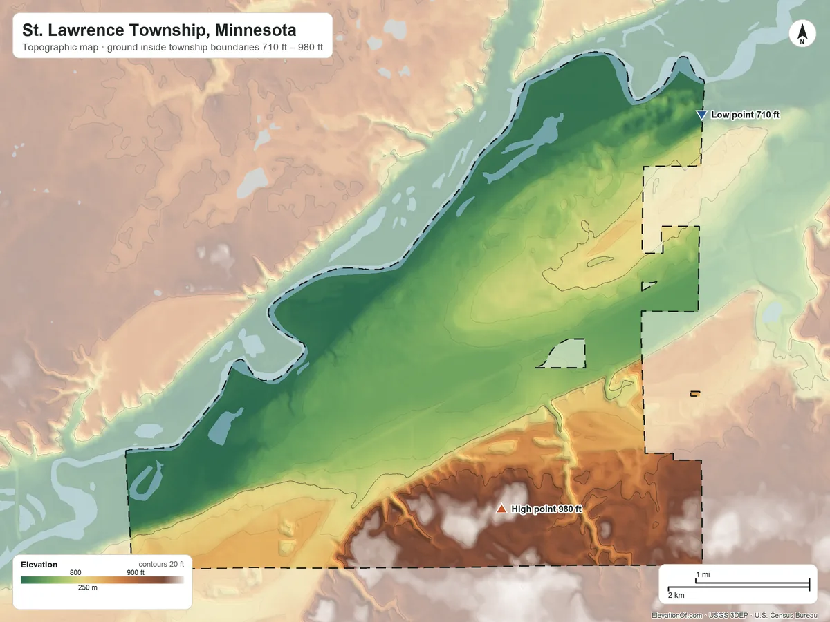 Topographic elevation map of St. Lawrence Township, Minnesota, shaded from 710 ft on the northeast side to 980 ft on the southeast side
