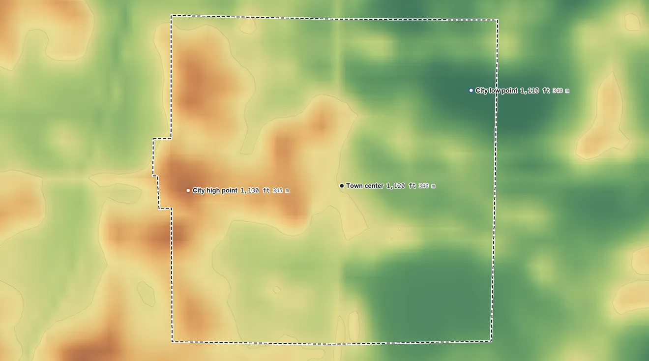 Topographic elevation map of St. Leo, Minnesota, shaded from 1,110 ft on the northeast side to 1,130 ft on the west side