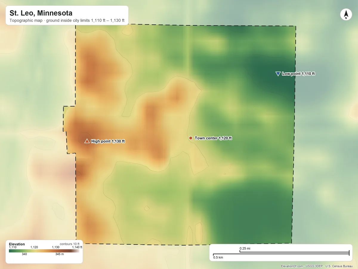 Topographic elevation map of St. Leo, Minnesota, shaded from 1,110 ft on the northeast side to 1,130 ft on the west side