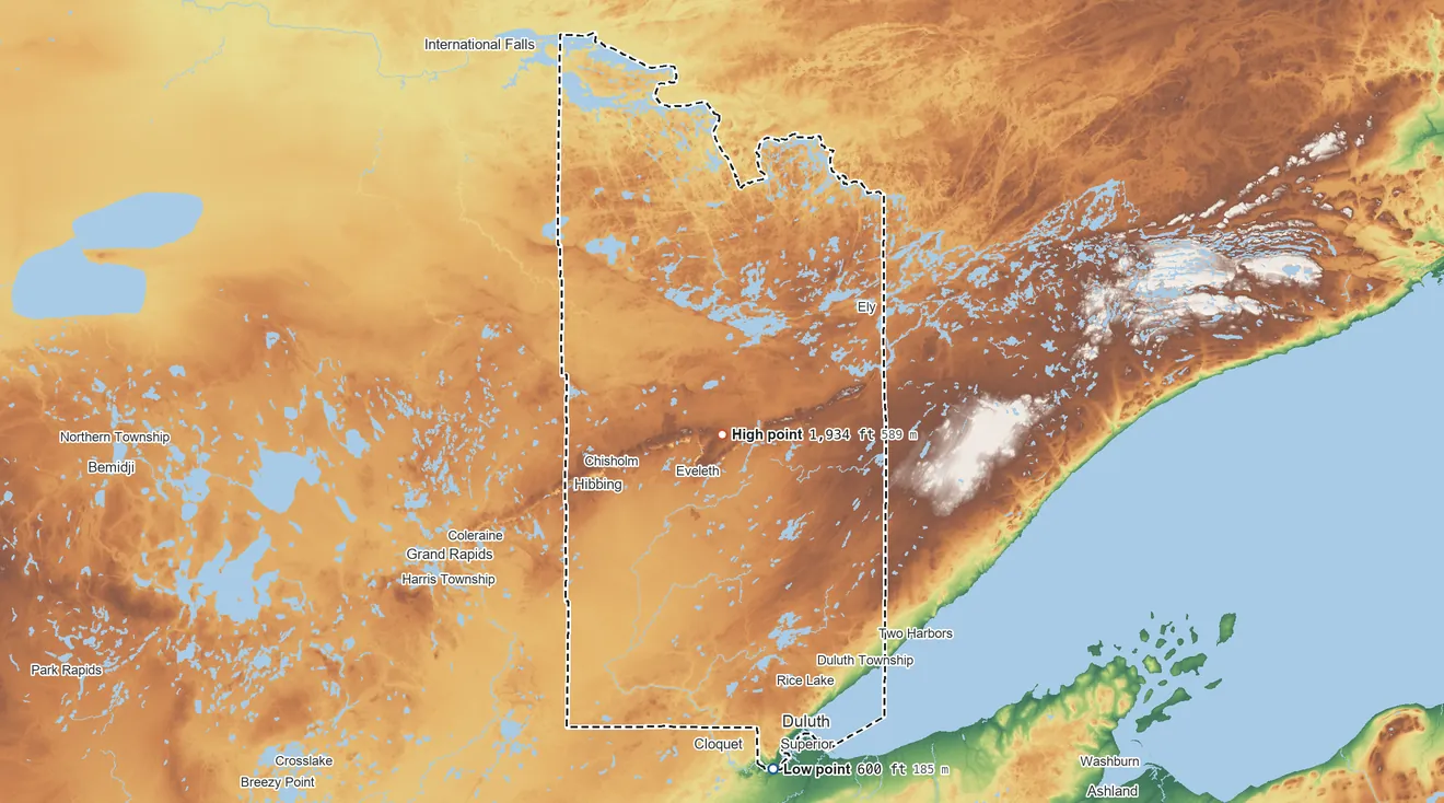 Topographic elevation map of St. Louis County, Minnesota, shaded from 600 ft on the south side to 1,934 ft on Pike Mountain