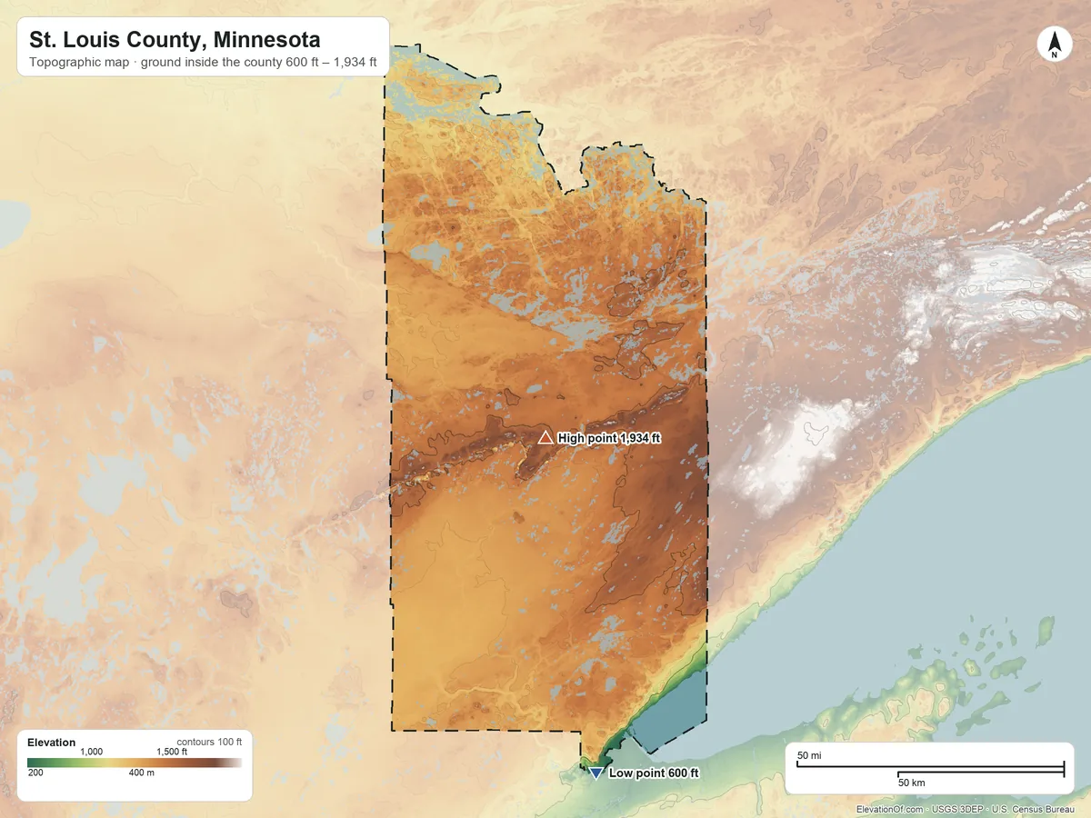 Topographic elevation map of St. Louis County, Minnesota, shaded from 600 ft on the south side to 1,934 ft on Pike Mountain
