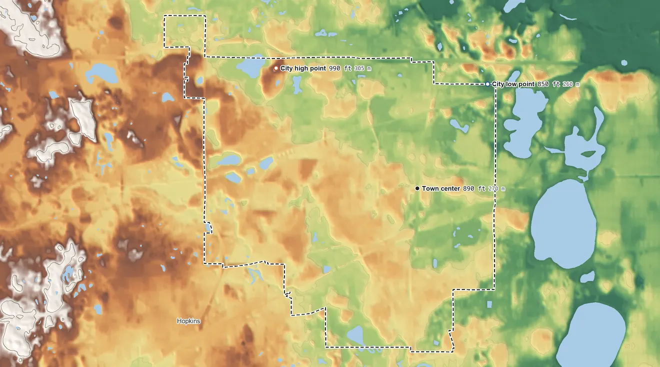 Topographic elevation map of St. Louis Park, Minnesota, shaded from 850 ft on the northeast side to 990 ft on the northwest side