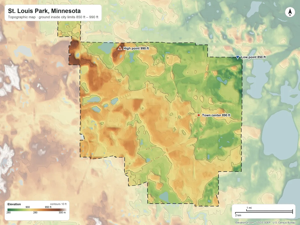 Topographic elevation map of St. Louis Park, Minnesota, shaded from 850 ft on the northeast side to 990 ft on the northwest side