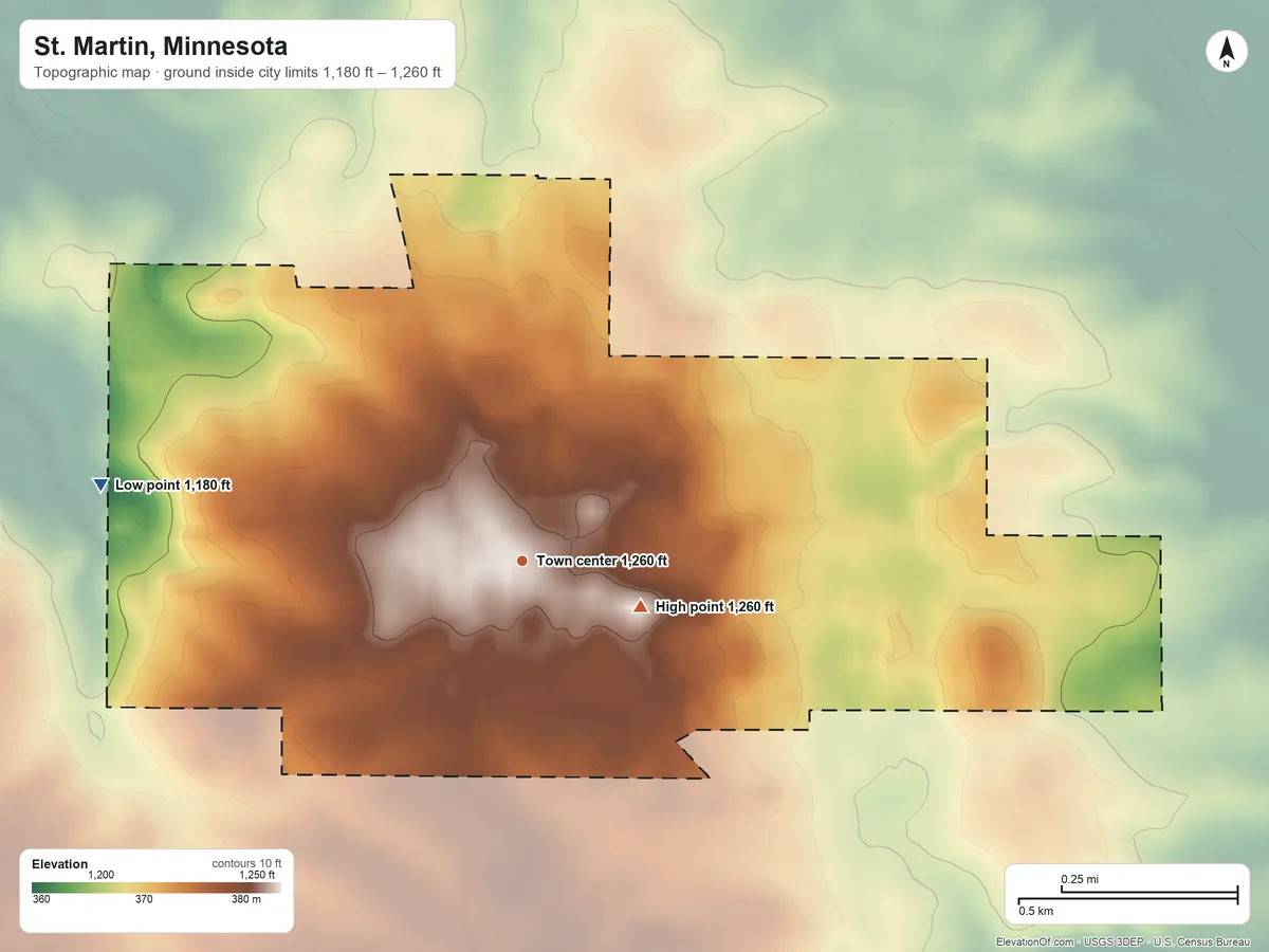 Topographic elevation map of St. Martin, Minnesota, shaded from 1,180 ft on the west side to 1,260 ft on the east side