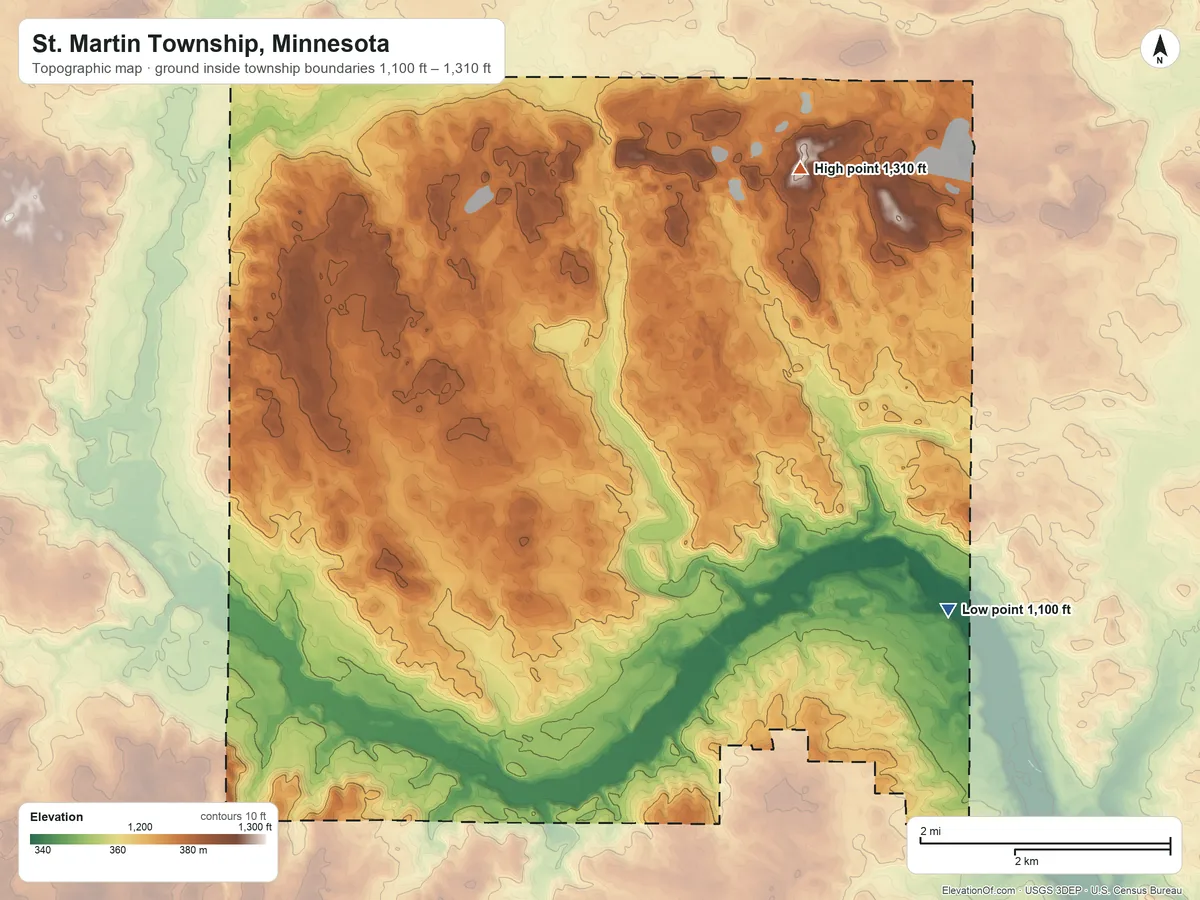 Topographic elevation map of St. Martin Township, Minnesota, shaded from 1,100 ft on the southeast side to 1,310 ft on the northeast side