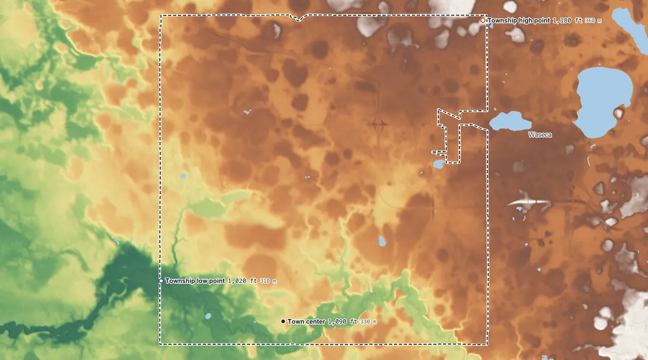 Topographic elevation map of St. Mary Township, Minnesota, shaded from 1,020 ft on the west side to 1,180 ft on the northeast side