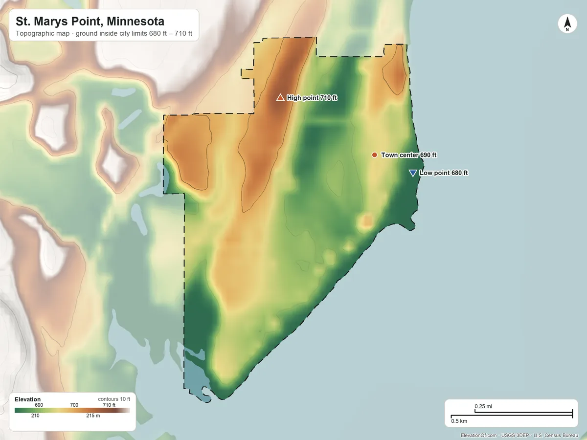 Topographic elevation map of St. Marys Point, Minnesota, shaded from 680 ft near the middle to 710 ft on the northwest side
