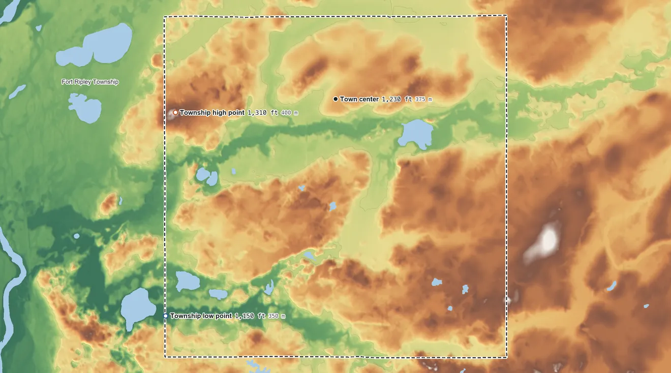 Topographic elevation map of St. Mathias Township, Minnesota, shaded from 1,150 ft on the southwest side to 1,310 ft on the west side