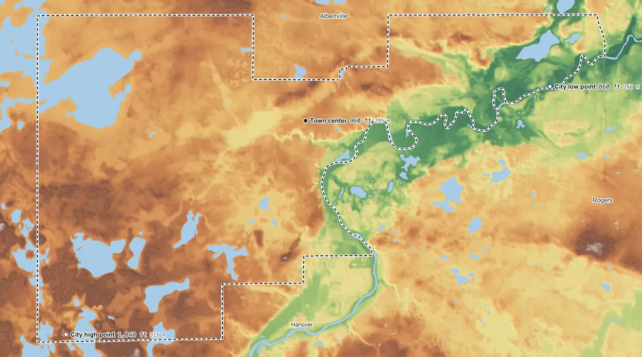 Topographic elevation map of St. Michael, Minnesota, shaded from 860 ft on the east side to 1,040 ft on the southwest side