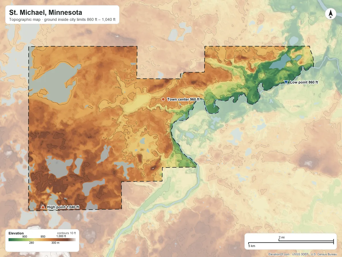 Topographic elevation map of St. Michael, Minnesota, shaded from 860 ft on the east side to 1,040 ft on the southwest side