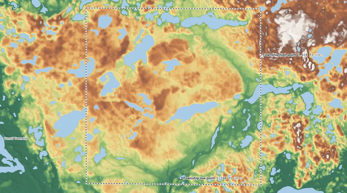 Topographic elevation map of St. Olaf Township, Minnesota, shaded from 1,240 ft on the south side to 1,410 ft on the northeast side