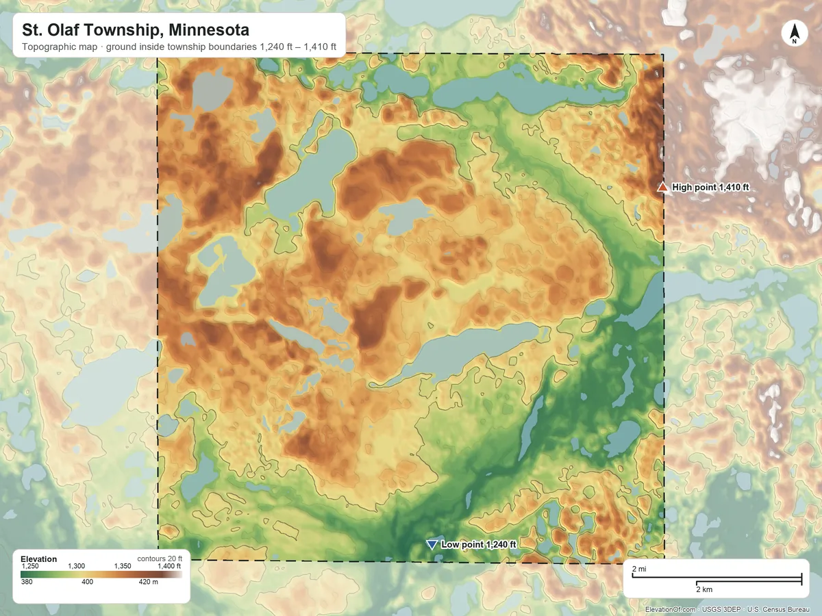 Topographic elevation map of St. Olaf Township, Minnesota, shaded from 1,240 ft on the south side to 1,410 ft on the northeast side