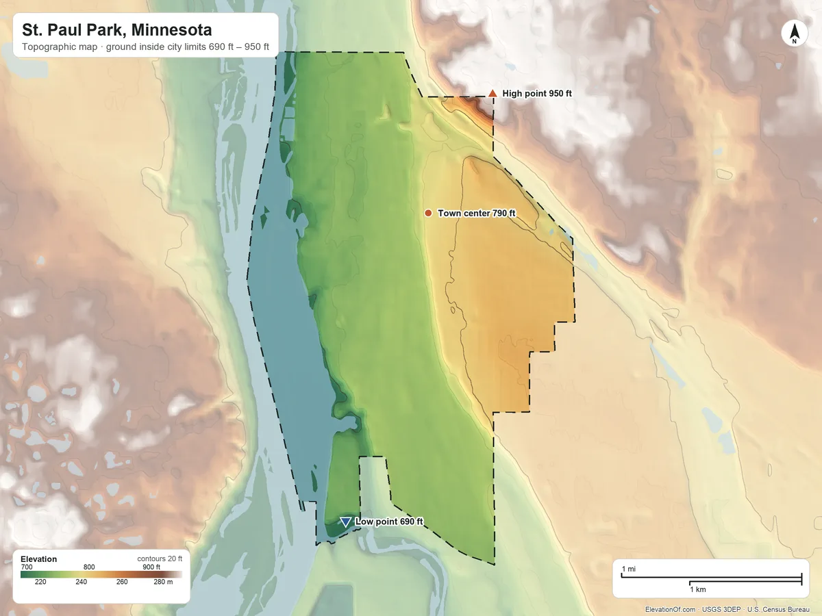 Topographic elevation map of St. Paul Park, Minnesota, shaded from 690 ft on the south side to 950 ft on the northeast side