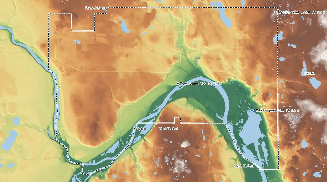 Topographic elevation map of St. Paul, Minnesota, shaded from 690 ft on the east side to 1,070 ft on the northeast side