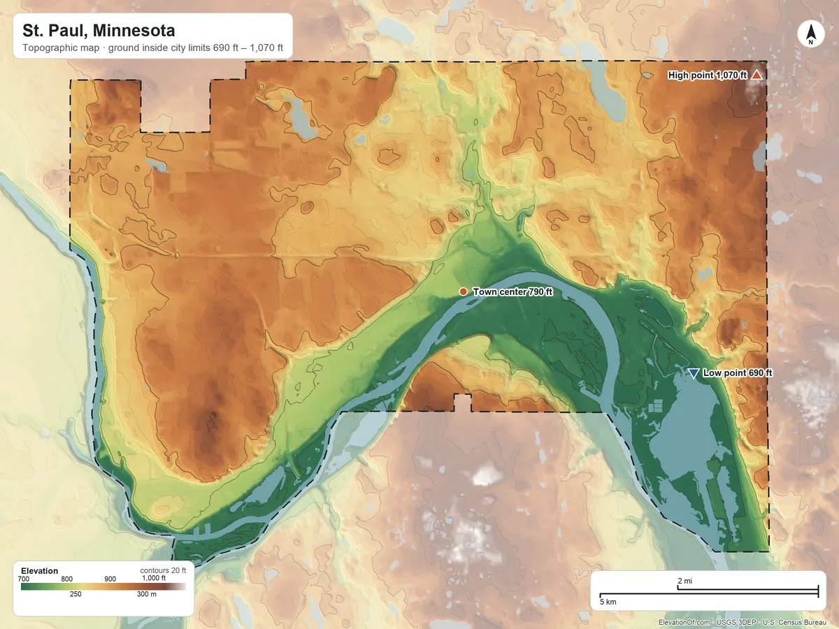 Topographic elevation map of St. Paul, Minnesota, shaded from 690 ft on the east side to 1,070 ft on the northeast side