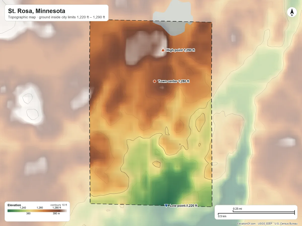 Topographic elevation map of St. Rosa, Minnesota, shaded from 1,220 ft on the south side to 1,290 ft on the north side
