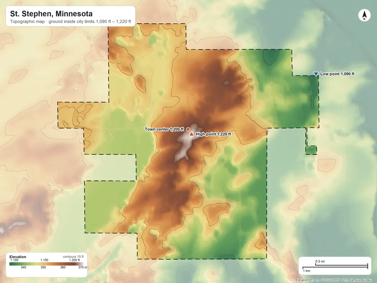 Topographic elevation map of St. Stephen, Minnesota, shaded from 1,090 ft on the northeast side to 1,220 ft near the middle