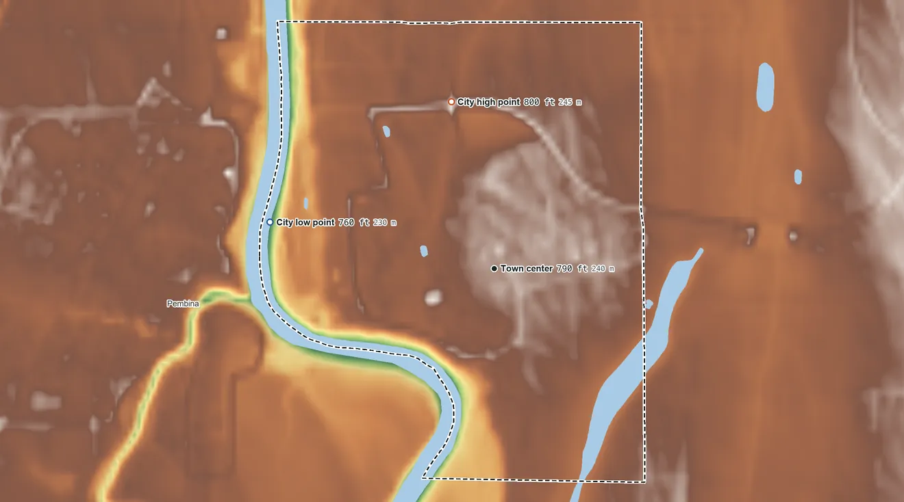 Topographic elevation map of St. Vincent, Minnesota, shaded from 760 ft on the west side to 800 ft on the north side