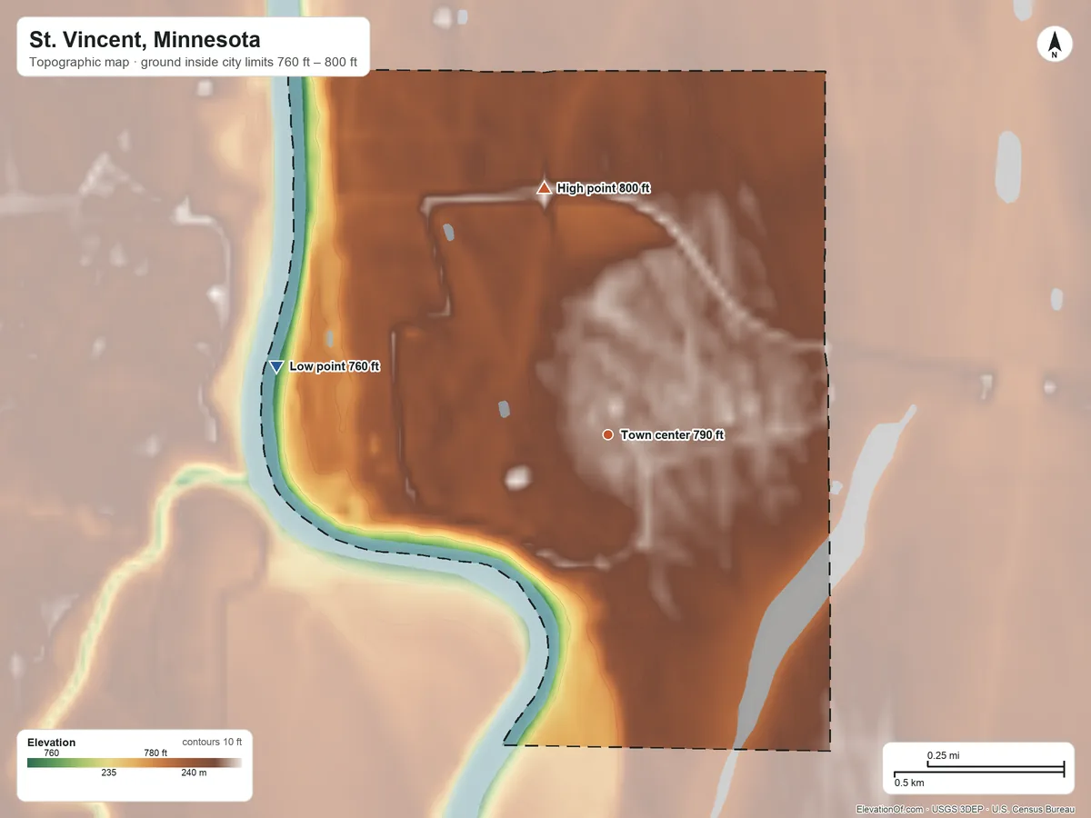 Topographic elevation map of St. Vincent, Minnesota, shaded from 760 ft on the west side to 800 ft on the north side