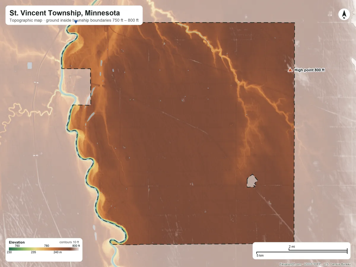 Topographic elevation map of St. Vincent Township, Minnesota, shaded from 750 ft on the northwest side to 800 ft on the northeast side