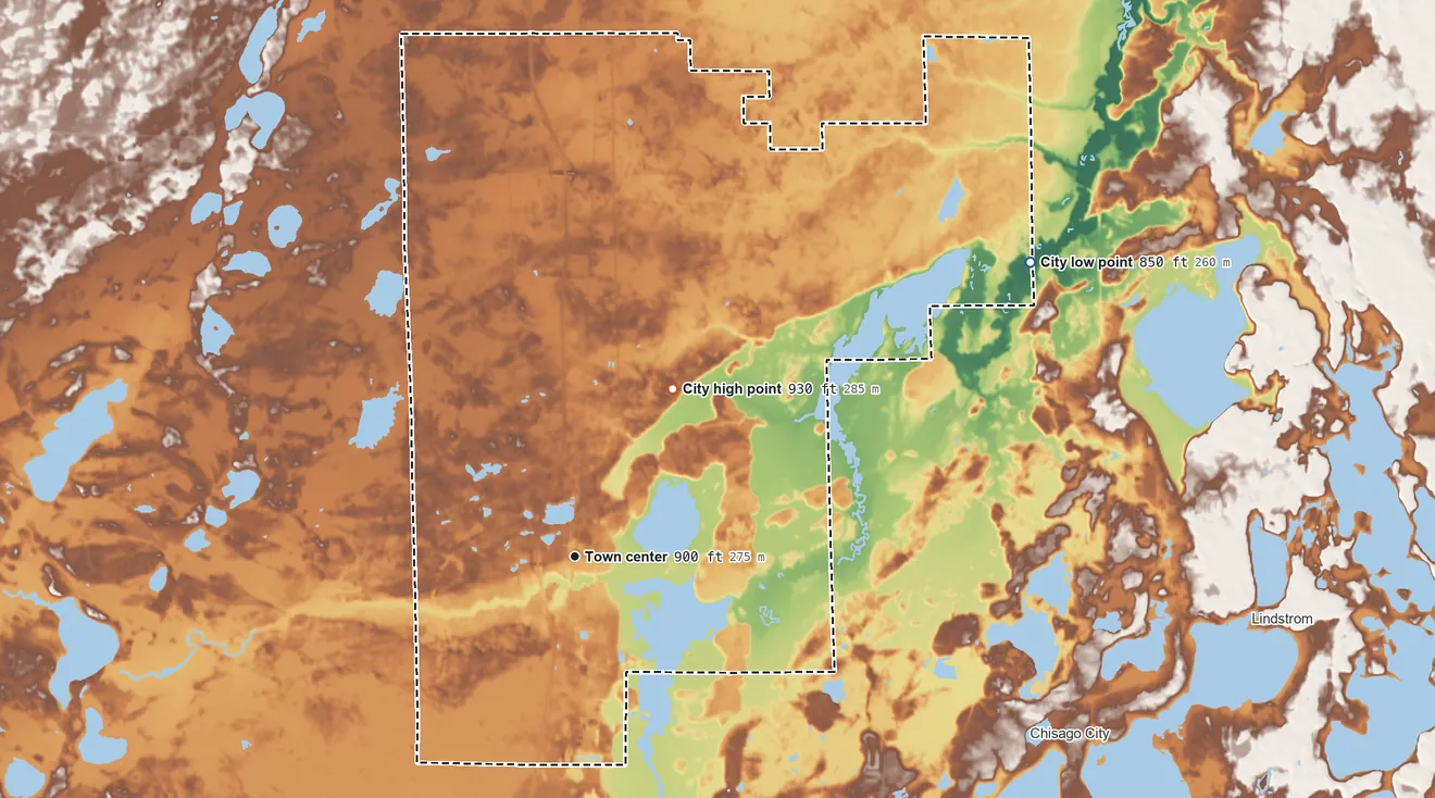 Topographic elevation map of Stacy, Minnesota, shaded from 850 ft on the northeast side to 930 ft on the northeast side