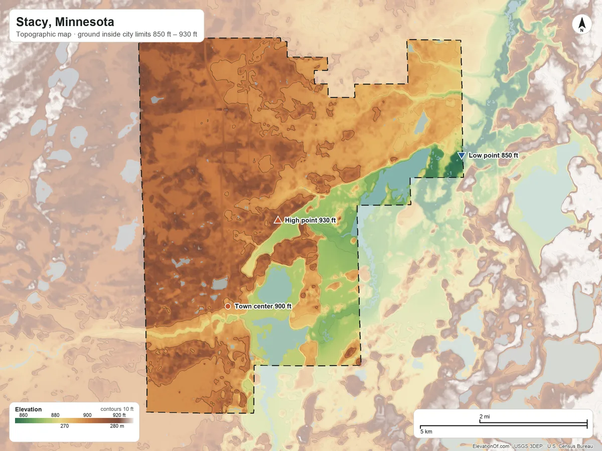 Topographic elevation map of Stacy, Minnesota, shaded from 850 ft on the northeast side to 930 ft on the northeast side