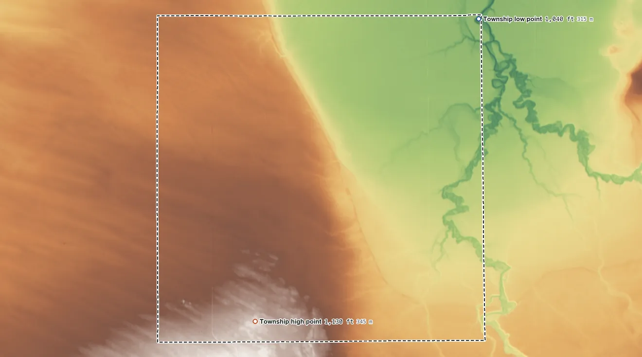 Topographic elevation map of Stafford Township, Minnesota, shaded from 1,040 ft on the northeast side to 1,130 ft on the south side