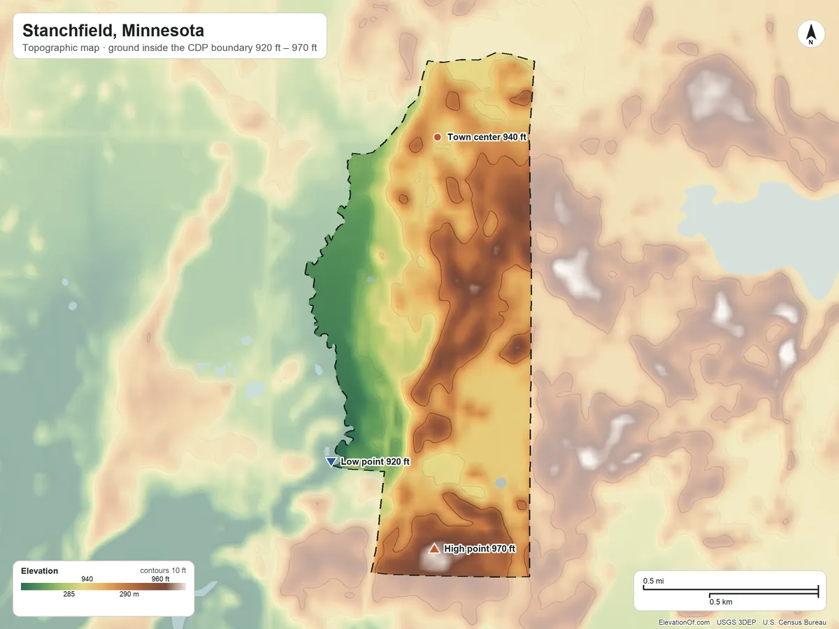 Topographic elevation map of Stanchfield, Minnesota, shaded from 920 ft on the south side to 970 ft on the south side