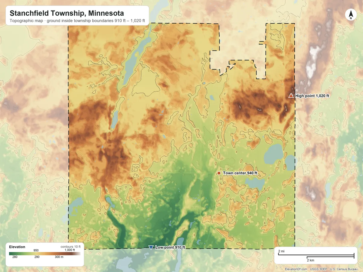 Topographic elevation map of Stanchfield Township, Minnesota, shaded from 910 ft on the southwest side to 1,020 ft on the northeast side