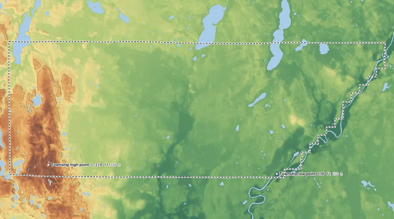 Topographic elevation map of Stanford Township, Minnesota, shaded from 890 ft on the southeast side to 1,110 ft on the southwest side
