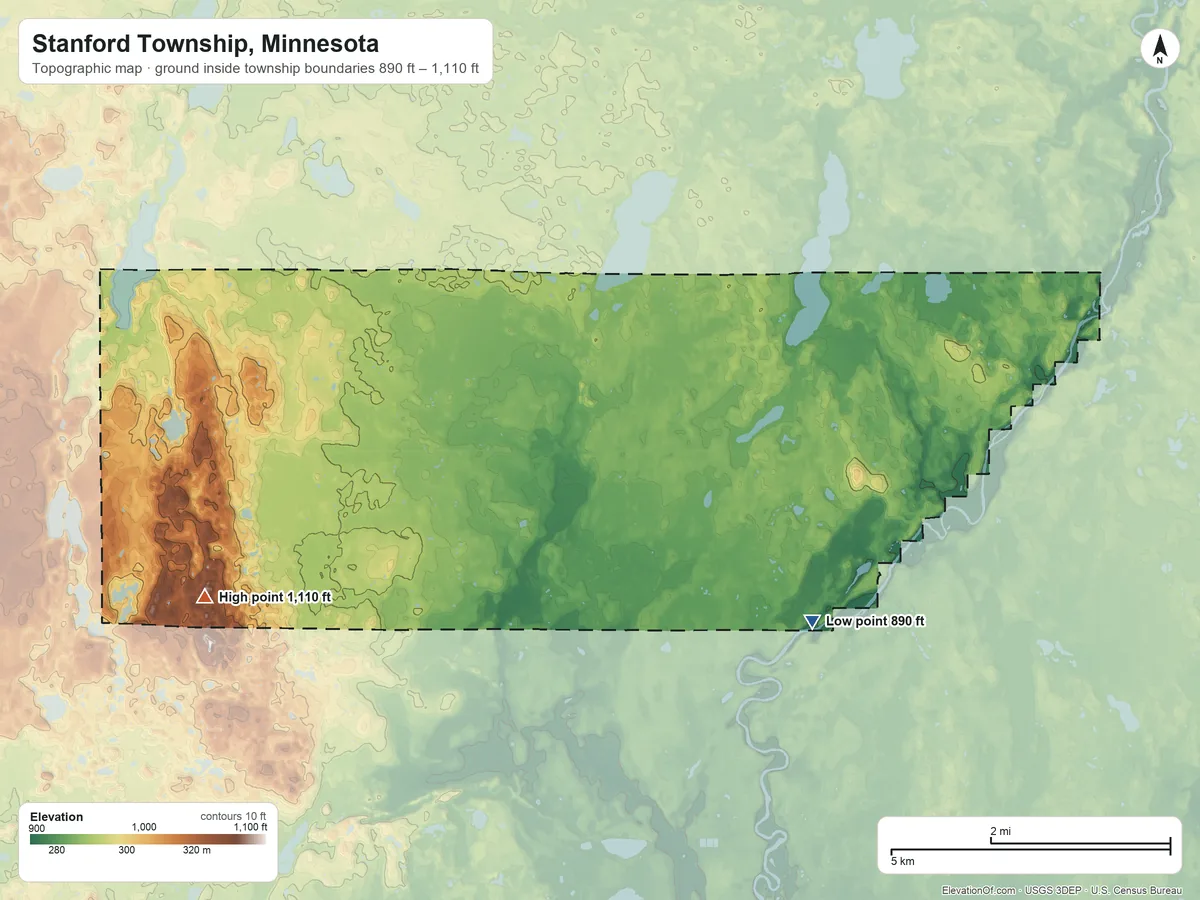 Topographic elevation map of Stanford Township, Minnesota, shaded from 890 ft on the southeast side to 1,110 ft on the southwest side