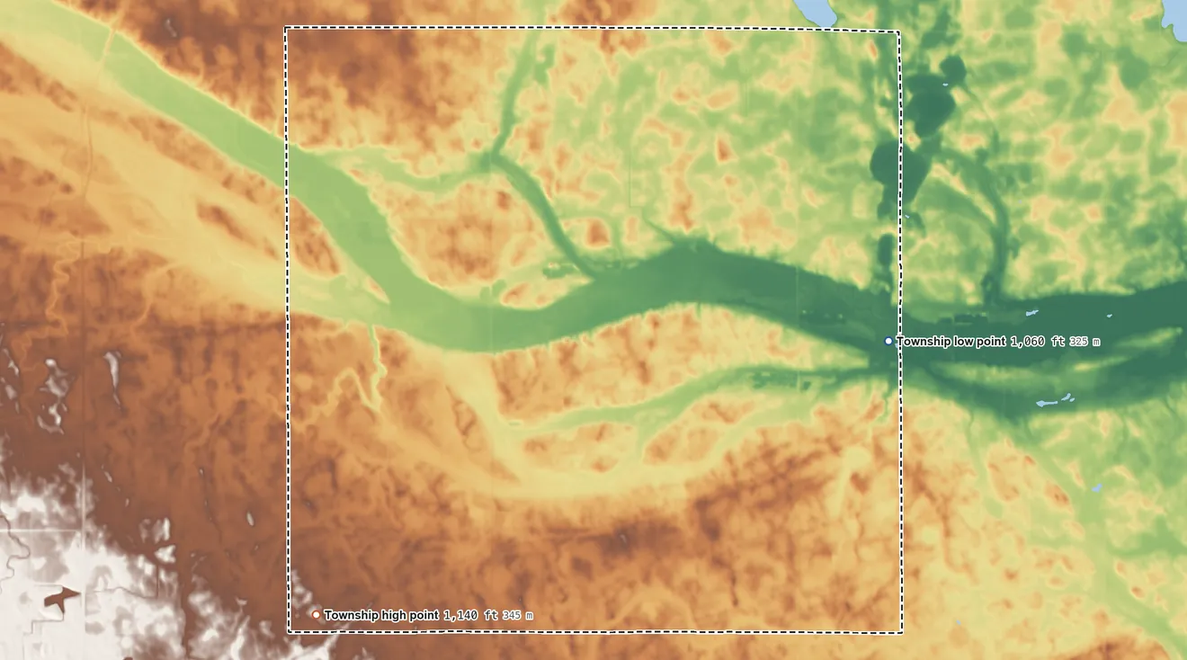 Topographic elevation map of Stanley Township, Minnesota, shaded from 1,060 ft on the east side to 1,140 ft on the southwest side