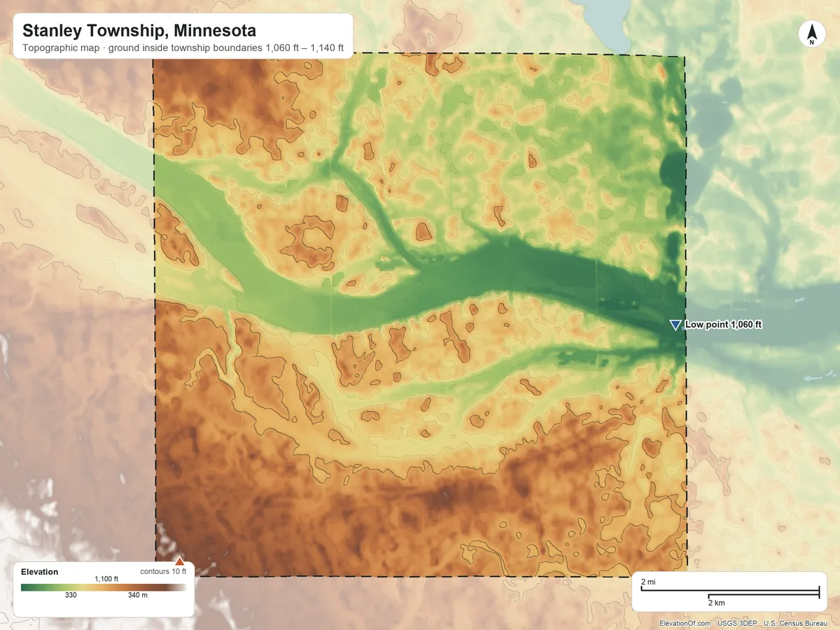 Topographic elevation map of Stanley Township, Minnesota, shaded from 1,060 ft on the east side to 1,140 ft on the southwest side