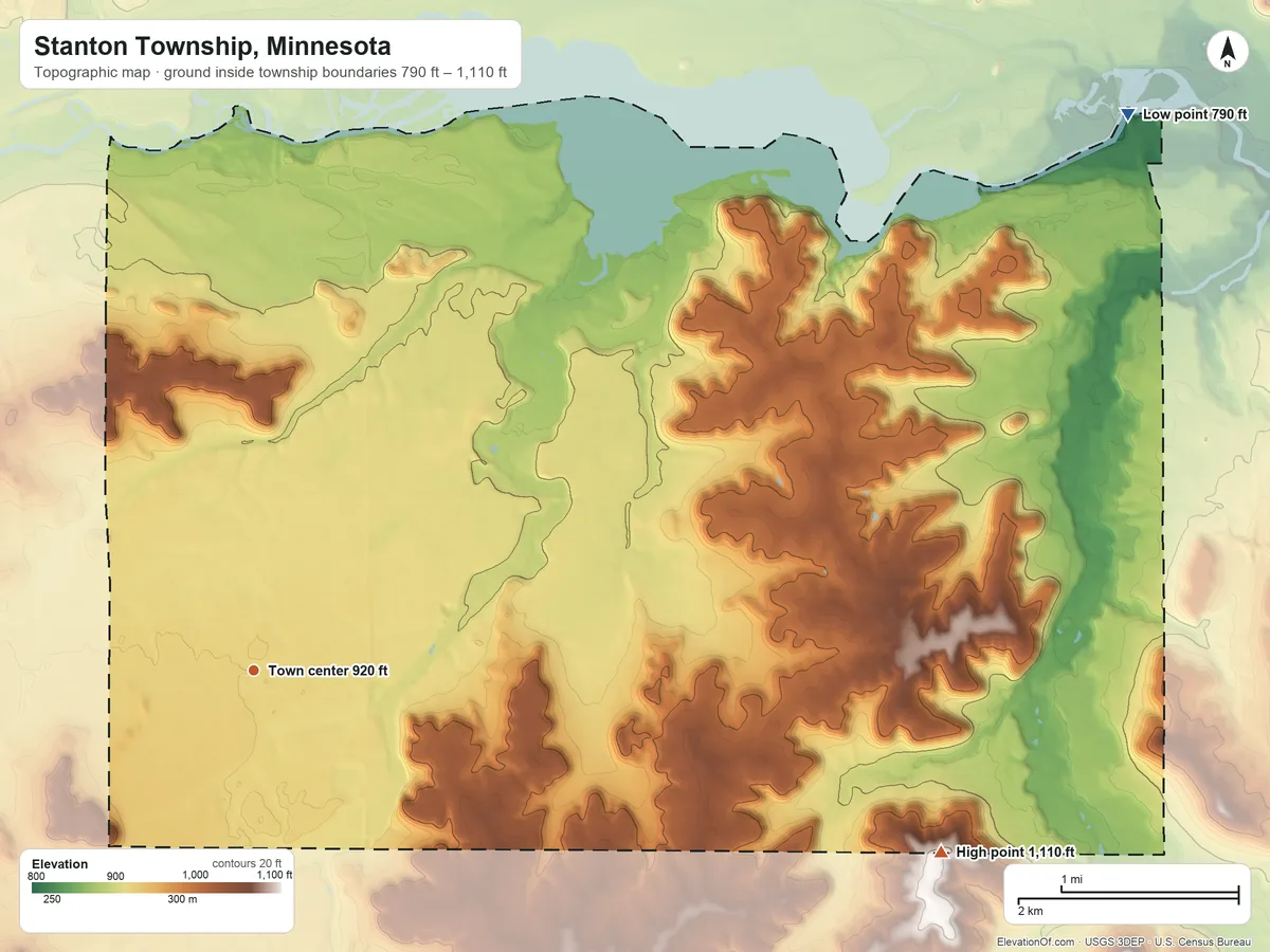 Topographic elevation map of Stanton Township, Minnesota, shaded from 790 ft on the northeast side to 1,110 ft on the east side
