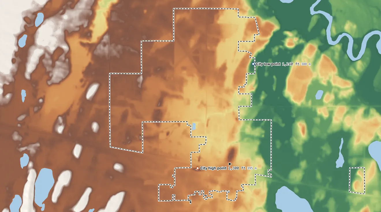 Topographic elevation map of Staples, Minnesota, shaded from 1,240 ft on the north side to 1,300 ft on the west side